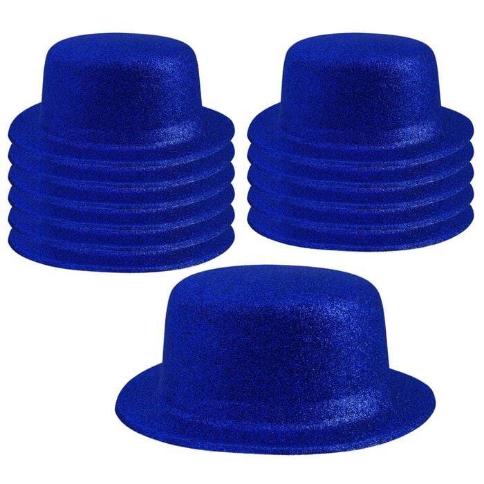 12x GLITTER BOWLER HAT Fancy Party Plastic Costume Cap Fun Dress Up Sparkle BULK Blue
