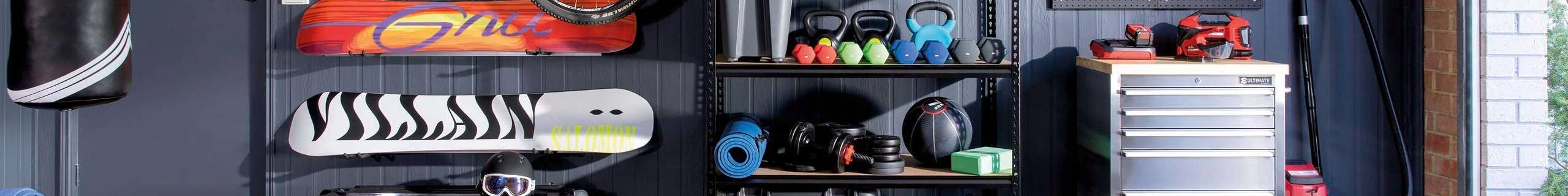 Garage with neat shelving.