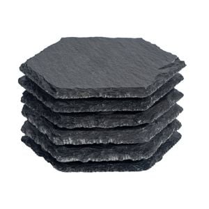 Argon Tableware 6x Hexagonal Slate Coasters - Drink Coasters Black Stone Natural Slate Rough Edge Drinks Mat Mug Glass Cup Mats
