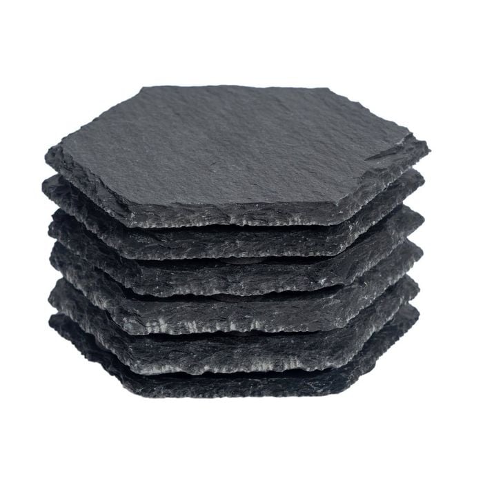 Argon Tableware 6x Hexagonal Slate Coasters - Drink Coasters Black Stone Natural Slate Rough Edge Drinks Mat Mug Glass Cup Mats