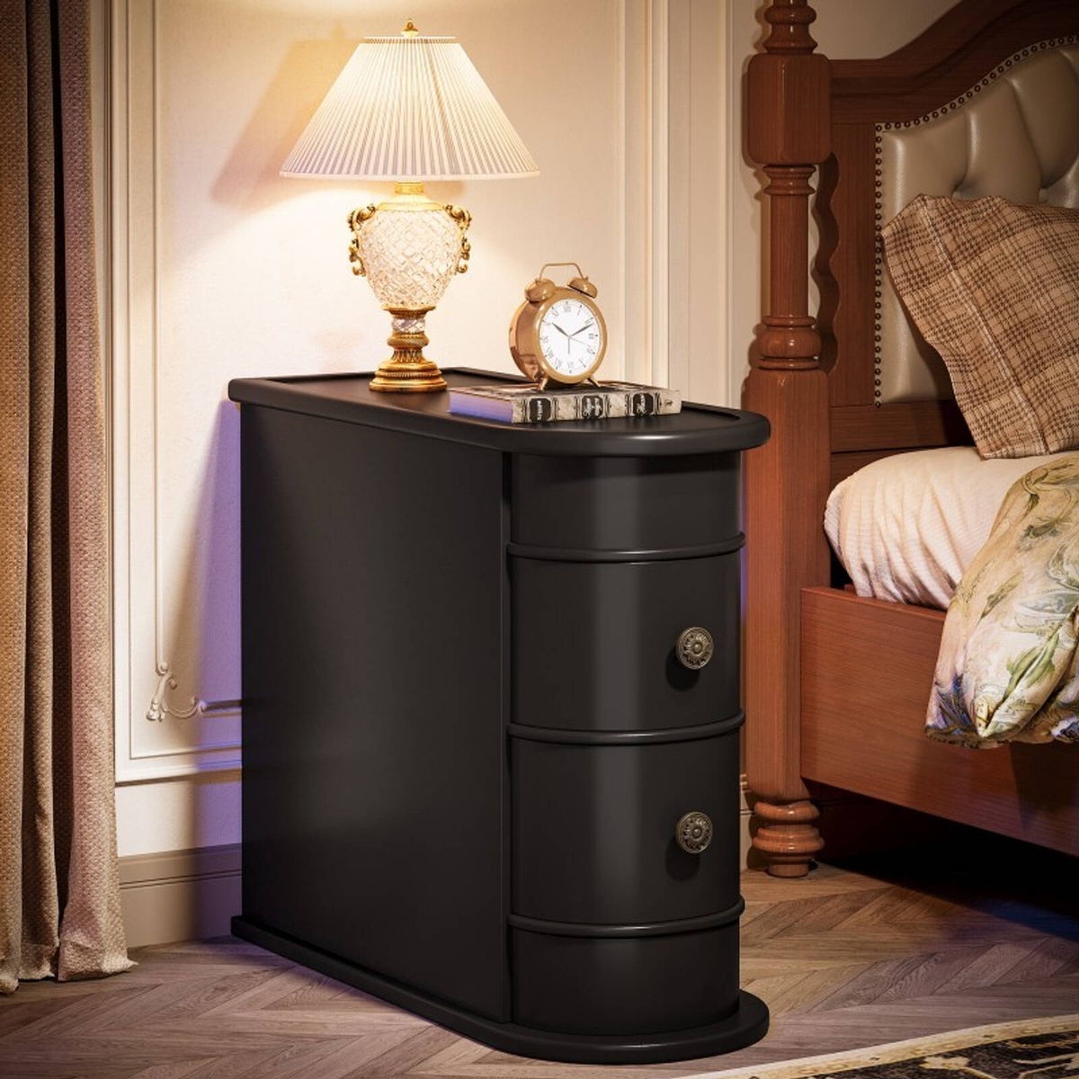 Oakory 60cm Solid Wood Side Table With Two Drawers And Black Finish ...