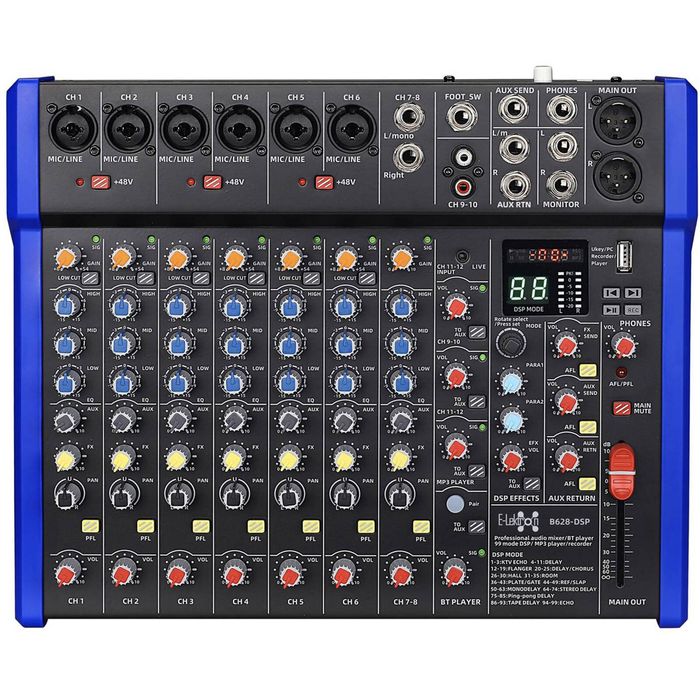 E-lektron B628 DSP effects Studio Audio Mixer 12-Channel with Bluetooth USB Play Audio interface