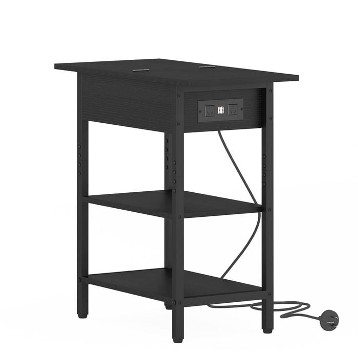 Advwin Side Table Flip Top Sofa End Table w/ Charging Station Narrow Bedside Table Black