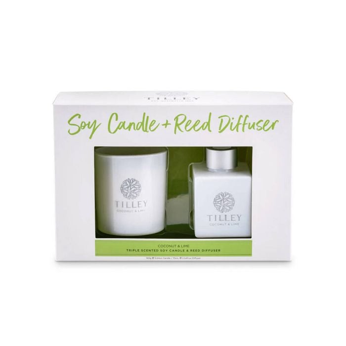 2pc Tilley Classic White Coconut & Lime 160g Candle 75mL Reed Diffuser Pack