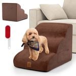 Costway 3-Tier Foam Dog Ramp Pet Stairs Steps w/Pet Hair Remover Brown