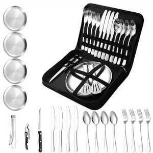 NNEOBA 20-Piece Steel Outdoor Camping Cutlery Set Silver