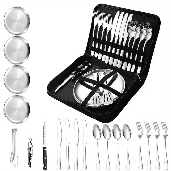 NNEOBA 20-Piece Steel Outdoor Camping Cutlery Set Silver