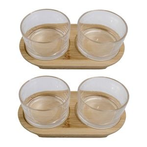2x 2pc NF Living Glass Serving Set Bamboo Tray and Bowls 20.5x11cm Solid Clear