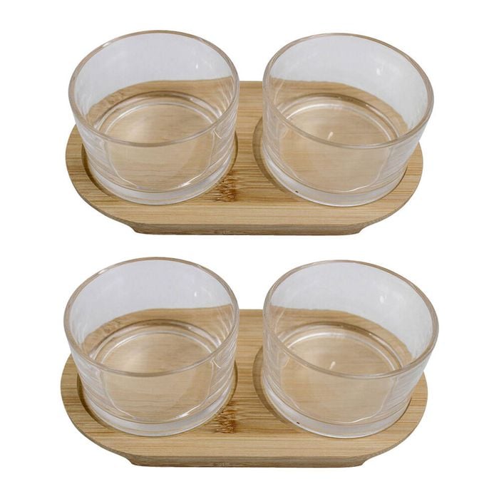 2x 2pc NF Living Glass Serving Set Bamboo Tray and Bowls 20.5x11cm Solid Clear