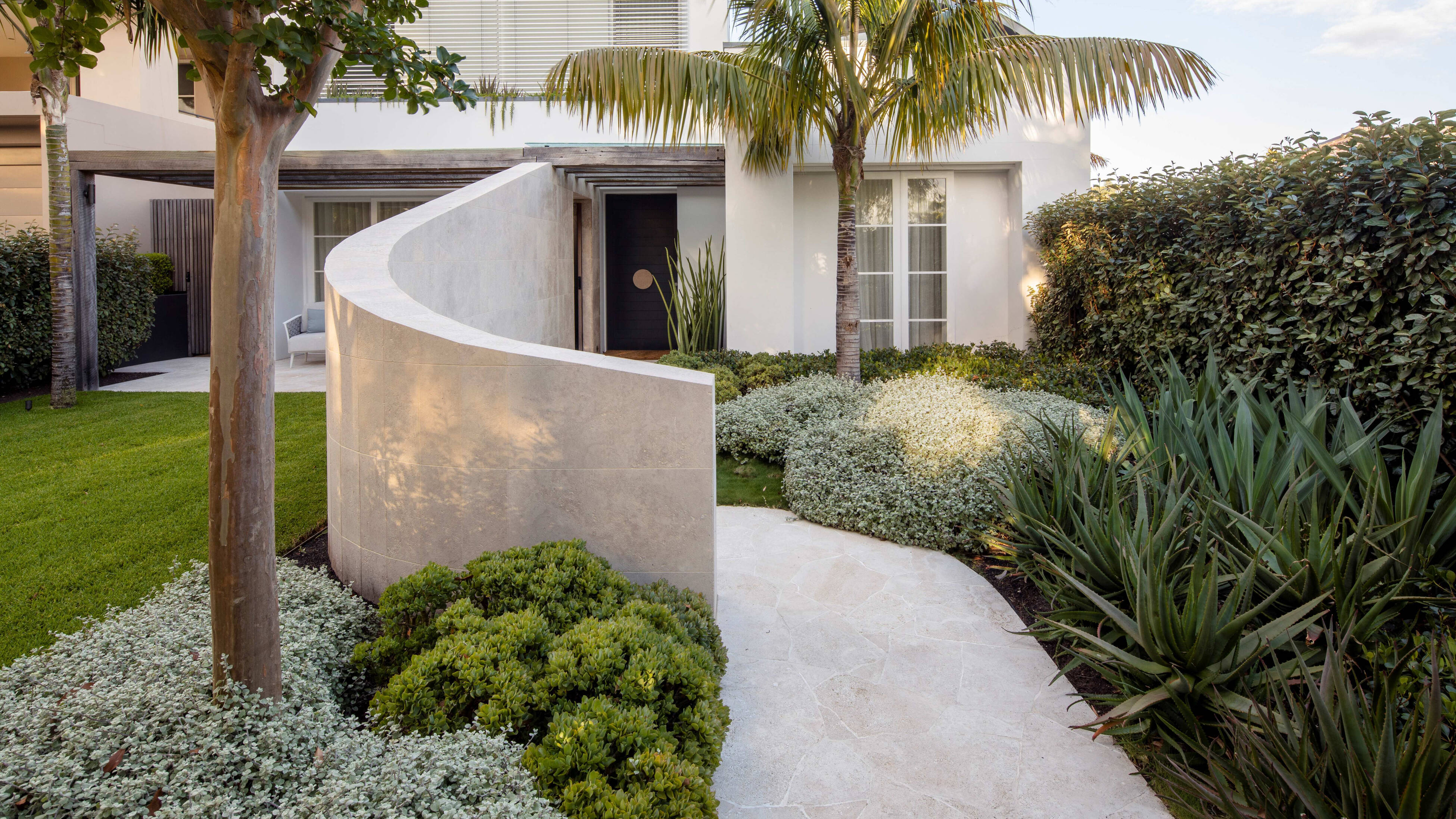 Modern house front garden with a curved warm neutral stone wall and paved path leading to a front door, surrounded by lawn, palm trees and hedges