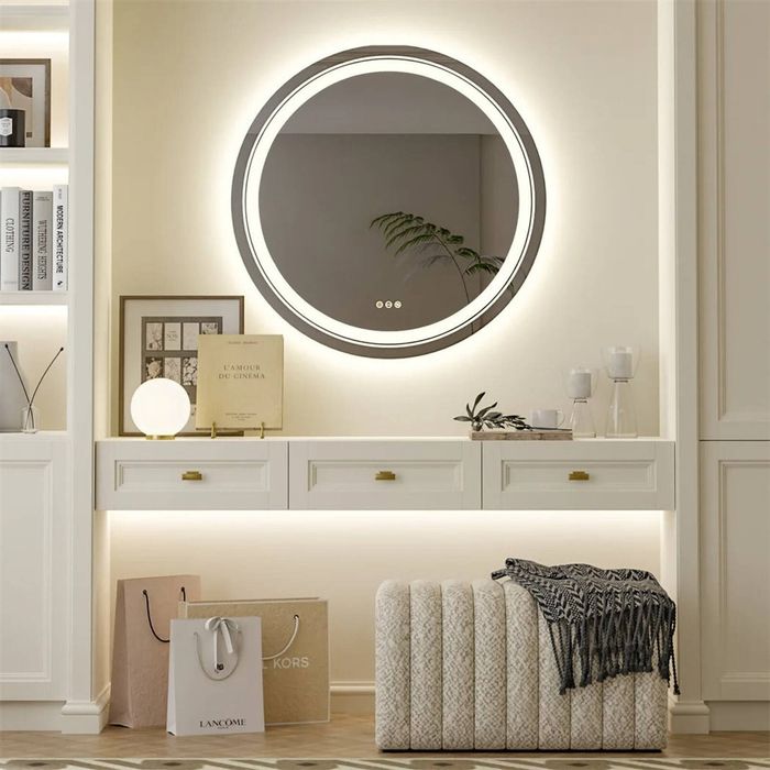 OAKORY 60cm Round LED Smart Bathroom Mirror Front and Backlit Anti-Fog Dimmable