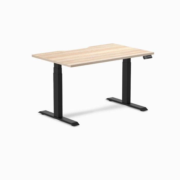 Desky Dual Classic Oak Scalloped Melamine Sit Stand Desk 1200x750mm Matte Black Frame Leg