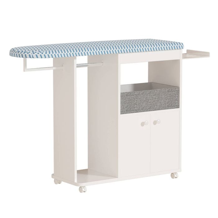 Advwin Ironing Board on Wheels with Storage Cabinet Iron Rack Hanger Rod Fabric Drawer White