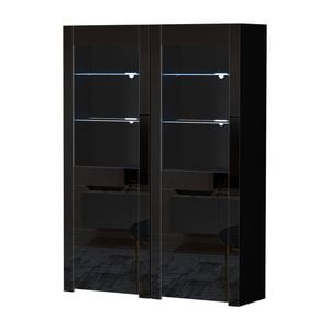 Oikiture 2x LED Display Cabinet Tall Sideboard Buffet High Gloss Cupboard Black