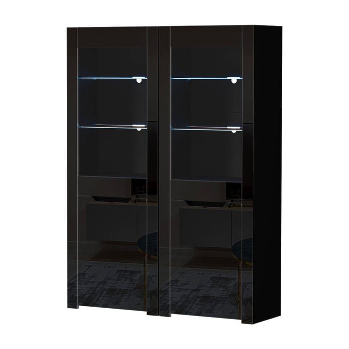 Oikiture 2x LED Display Cabinet Tall Sideboard Buffet High Gloss Cupboard Black
