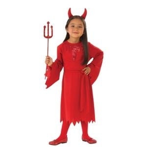 Rubie's Red Devil Girls Halloween Costume with Jaggered Sleeve Dress and Horned Headband - Red Colour, Medium