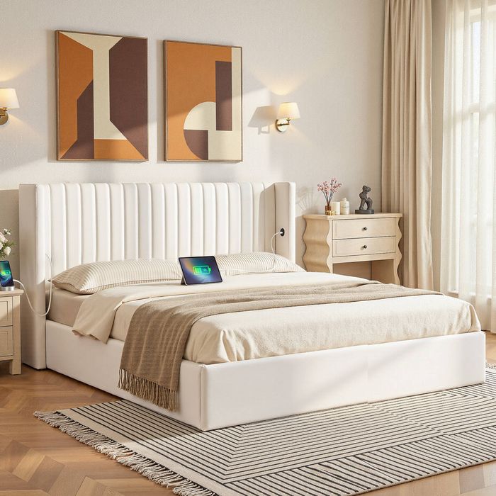 Artiss King Bed Frame with Gaslift Storage Charging Ports White