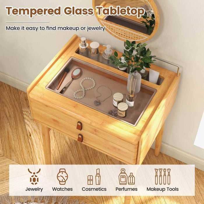 Costway Bamboo Vanity Table Adjustable Mirror Makeup Table Dressing Table Tempered Glass Tabletop w/2 Drawers