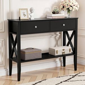 Homfurn 2-tier Console Table, Sofa Table With 2 Drawer And Storage Shelves, Hallway Entryway Table, Display Desk, Living Room