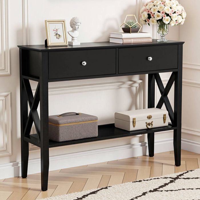 Homfurn 2-tier Console Table, Sofa Table With 2 Drawer And Storage Shelves, Hallway Entryway Table, Display Desk, Living Room
