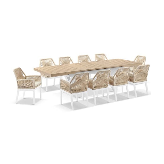Austin Outdoor 2.2m-3m Extension Light Oak Aluminium Dining Set White With 10 Hugo Chairs & Cream Cushions