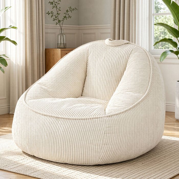 Ufurniture Bean Bag Chair With Backrest 90*92cm Corduroy Sofa With Handle High-resilience Stuffed Floor Sofa Lounger Beige