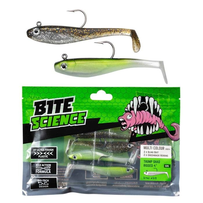 Bite Science Multi-Pack of Rigged 4' Rigged Thump Shad Lures - Bling/Greenback"