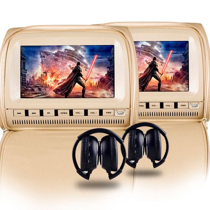 Elinz 2x 9" Headrest DVD Player Car Monitor Pillow Games 1080P USB Sony Lens BEIGE