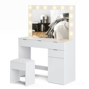 Advwin Dressing Table Stool Set with Mirror 12 LED Bulbs Vanity Desk White