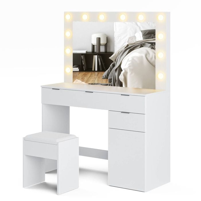 Advwin Dressing Table Stool Set with Mirror 12 LED Bulbs Vanity Desk White