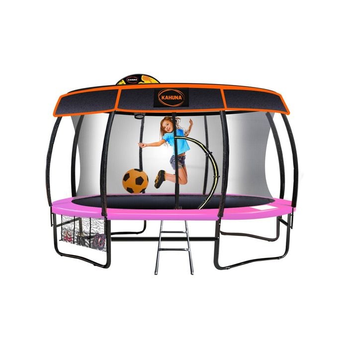 Kahuna Trampoline 14 Ft With Basketball Set And Roof Cover - Pink