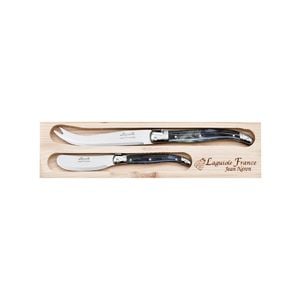 Laguiole Jean Neron 2pc Cheese Knife & Spreader Set - Black Horn