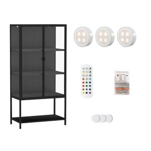 Stacked Glass Display Cabinet 4-Tier Doubel Doors Black with LED Lights