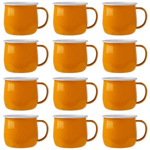 Argon Tableware 375ml Enamel Belly Mugs - Yellow - Set Of 12 Metal Drinking Cups Coffee Teacup Mug Set Hot, Cold Drinks Cups