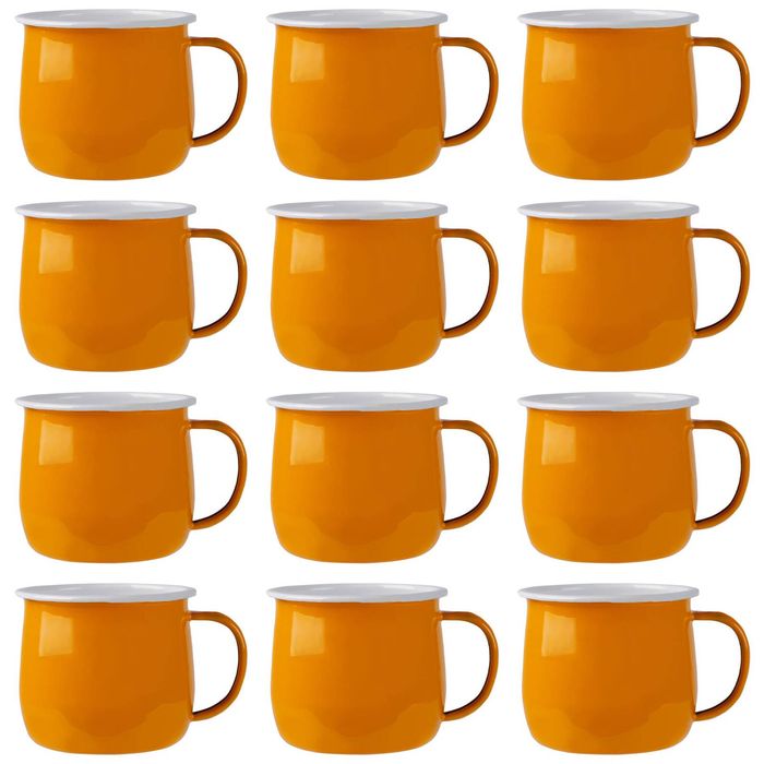 Argon Tableware 375ml Enamel Belly Mugs - Yellow - Set Of 12 Metal Drinking Cups Coffee Teacup Mug Set Hot, Cold Drinks Cups