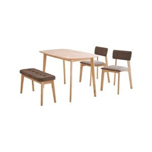 Natural Signature 1350mm 4 Seater Raw Natural Hockey 4 Piece Chairs and Bench Dining Set with Cosmo Brown Seat Fabric