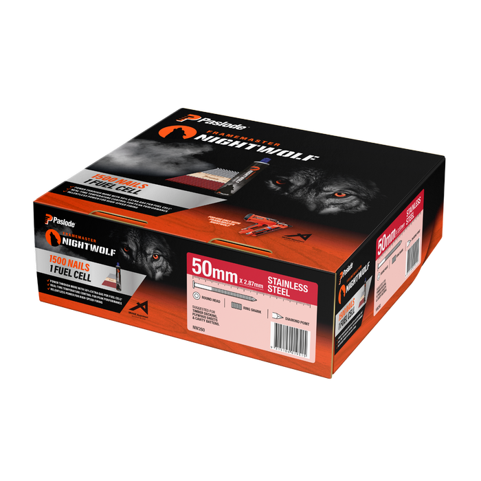 Paslode 50x2.87mm FrameMaster NightWolf Stainless R-Drive Ring Nail 1500