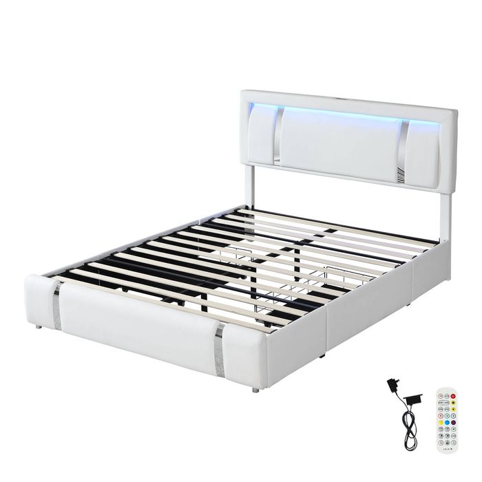 Levede Adjustable Headboard LED PU Leather Bed Frame with USB and 2 Drawers - Queen
