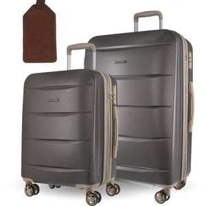 2pc Pierre Cardin Hard Medium & Cabin Travel Luggage Set w/ Name Tag Graphite