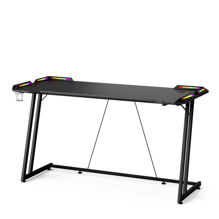 Advwin 140cm LED Gaming Desk Carbon Fiber Large Computer Workstation w/ Cup Holder & Headphone Hook Black