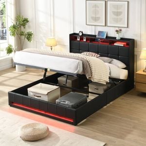 Homfurn Queen Bed Frame With Storage, Gas Lift Bed Queen Size Faux Leather With Led & Charging Station, Noise Free, Black