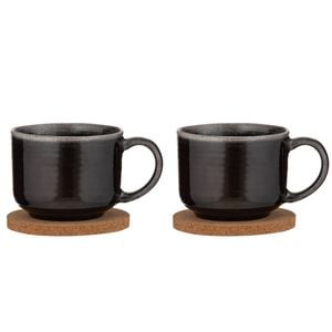 2x 2pc Ladelle Melange Stoneware/cork 500ml Mug & Coaster Set - Charcoal