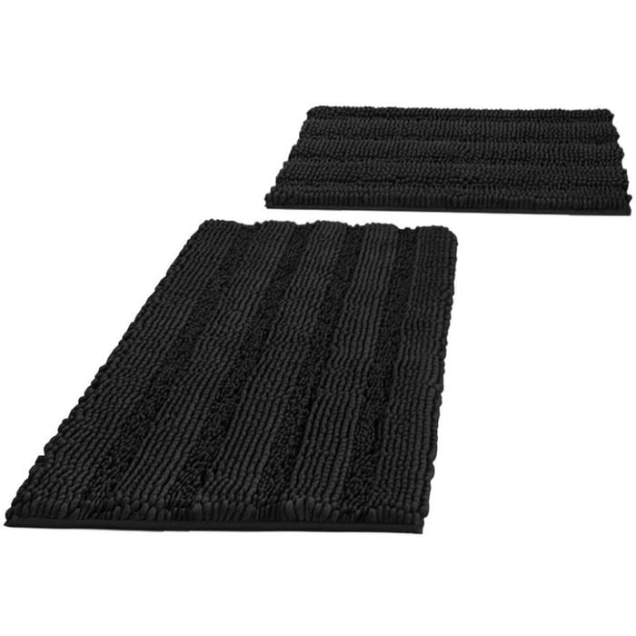 Smarcute 2 Pieces - 50cm x 81cm & 43cm x 61cm Non-Slip Chenille Bath Mat Rug Black