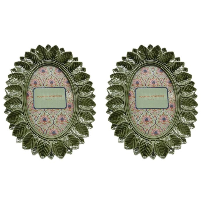 2PK Urban Resin/Wood Oval Leaf Photo Picture Frame 4x6in 22x18cm Green