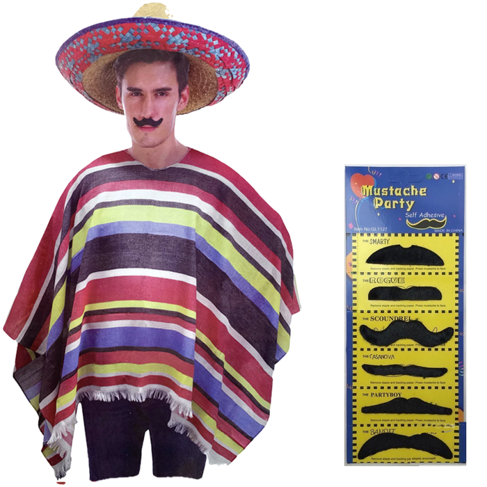 3pc Set s Mexican Poncho + Sombrero + Moustache Spanish Cowboy Costume Party