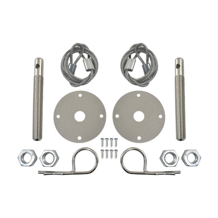 Muscle Car Flip-over Bonnet/Hood Pin Kit with Lanyards Chrome Steel, 1/2" Studs