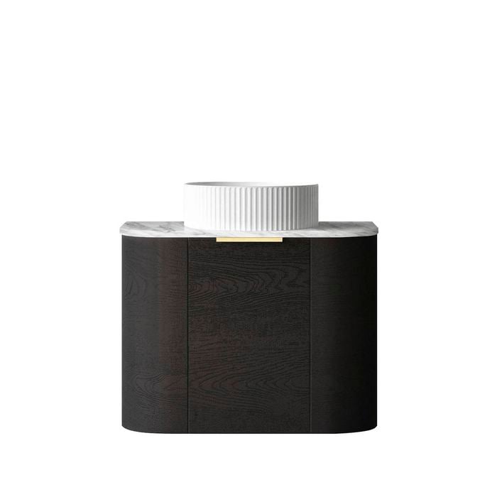 Attica 600mm Black Oak Bentwood Wall Hung Curve Vanity With Natural Carrara Marble Top