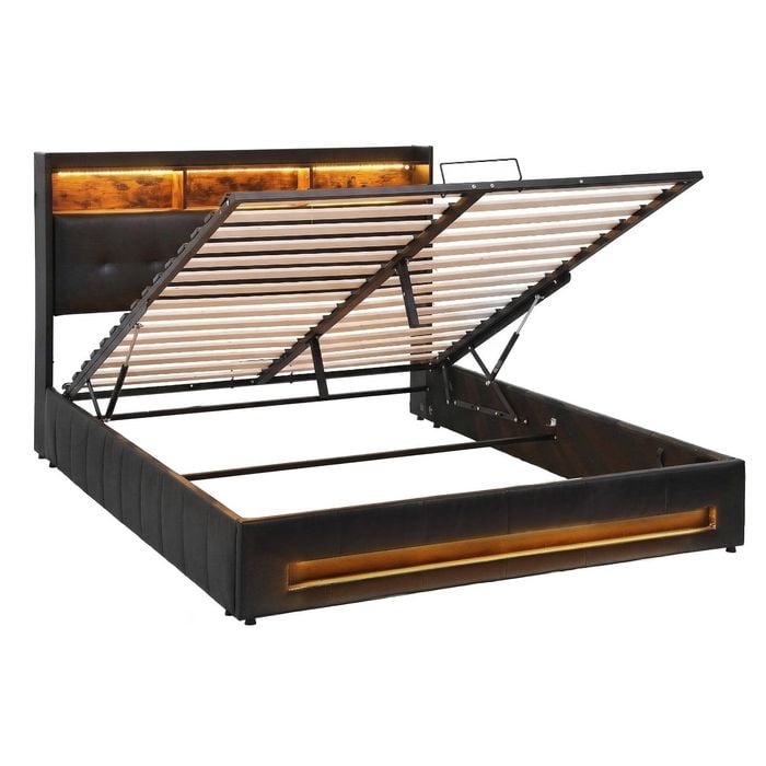 Artiss Double Bed Frame With Gas Lift Storage Led Lights Charging Ports
