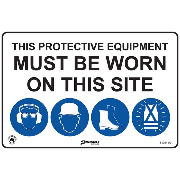 Pinnacle 800 x 600mm Hearing / Eye / Hardhat / Footwear / Hi-Vis Metal Combination Mandatory Site Sign