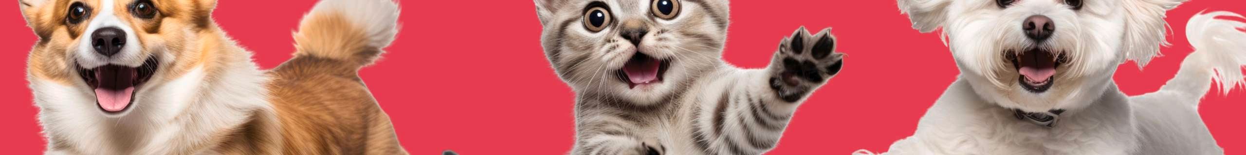 Cat and two dogs with pink background.